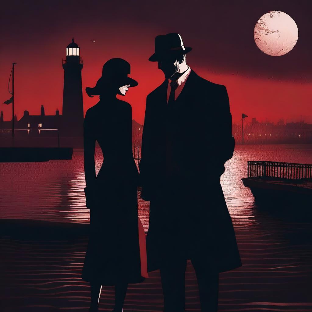 A mafia boss standing with his lover by a river of blood, both dressed in 1920s attire