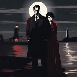 A mafia boss standing with his lover by a river of blood, both dressed in 1920s attire