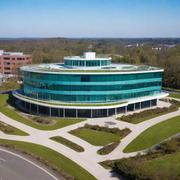 A modern hospital with large glass windows, a lush green front lawn, and a helipad on the roof under a clear blue sky.