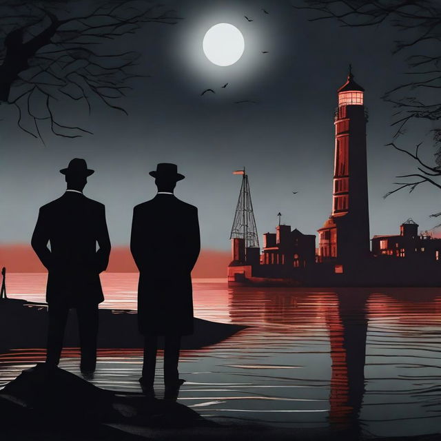 A mafia boss standing with his lover by a river of blood, both dressed in 1920s attire