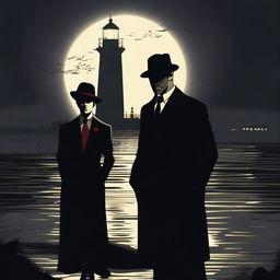 A mafia boss standing with his lover by a river of blood, both dressed in 1920s attire