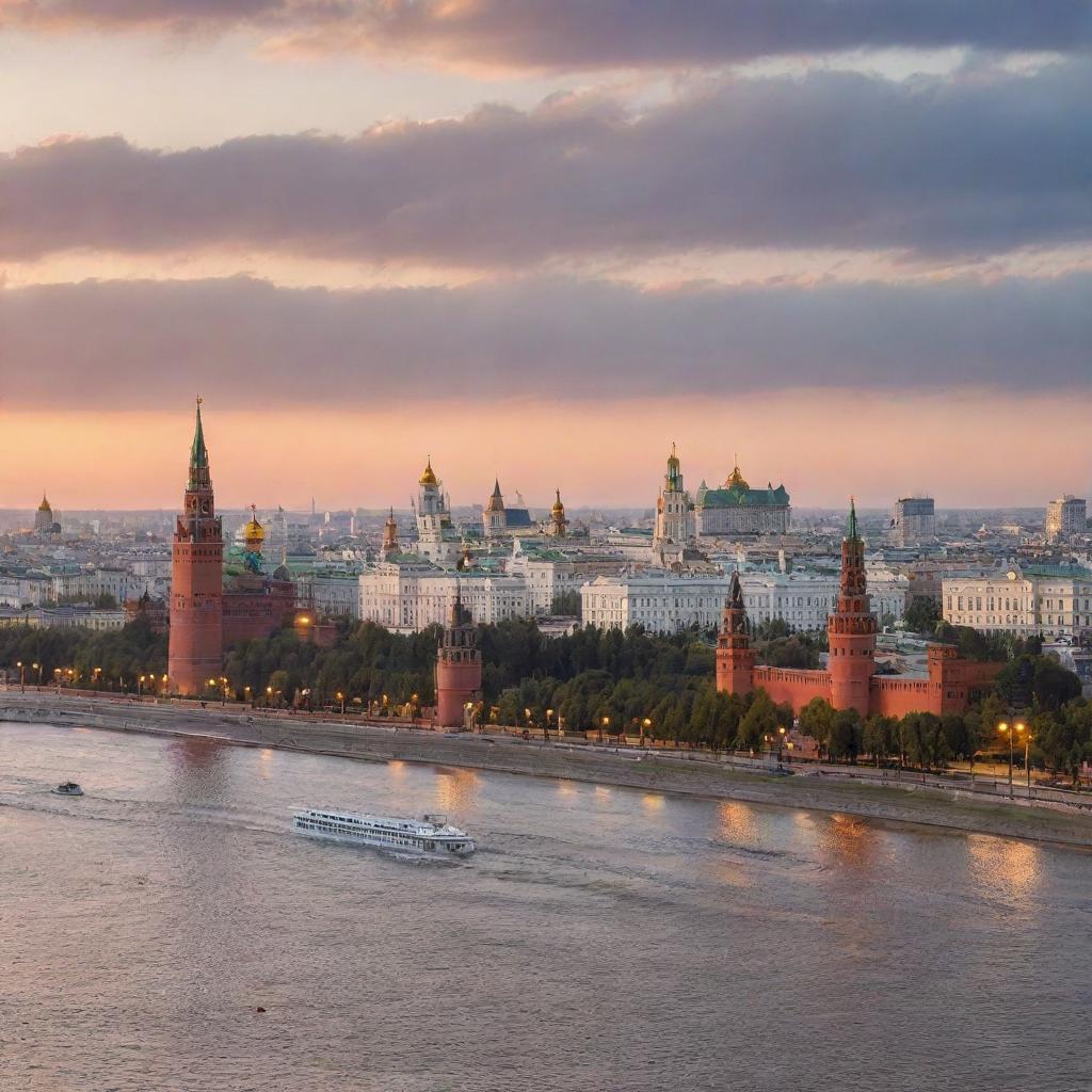 Panoramic view of Moscow featuring iconic landmarks such as the Kremlin, Saint Basil's Cathedral, and skyscrapers of Moscow City under a sunset sky