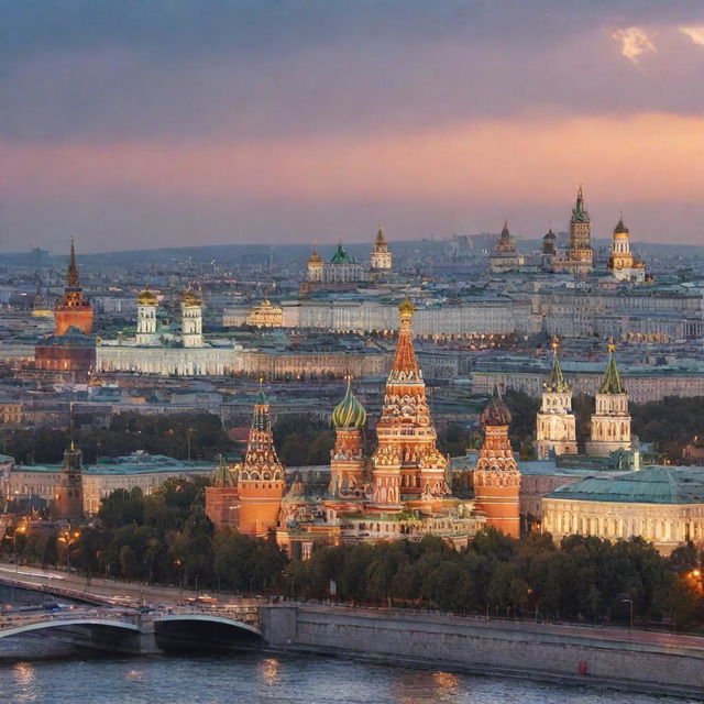 Panoramic view of Moscow featuring iconic landmarks such as the Kremlin, Saint Basil's Cathedral, and skyscrapers of Moscow City under a sunset sky