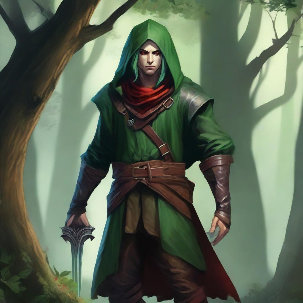 A male wood elf rogue with green hair and green skin, and striking red eyes