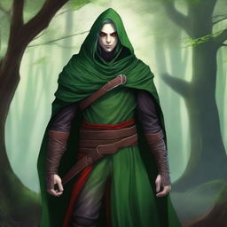 A male wood elf rogue with green hair and green skin, and striking red eyes