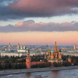 Panoramic view of Moscow featuring iconic landmarks such as the Kremlin, Saint Basil's Cathedral, and skyscrapers of Moscow City under a sunset sky