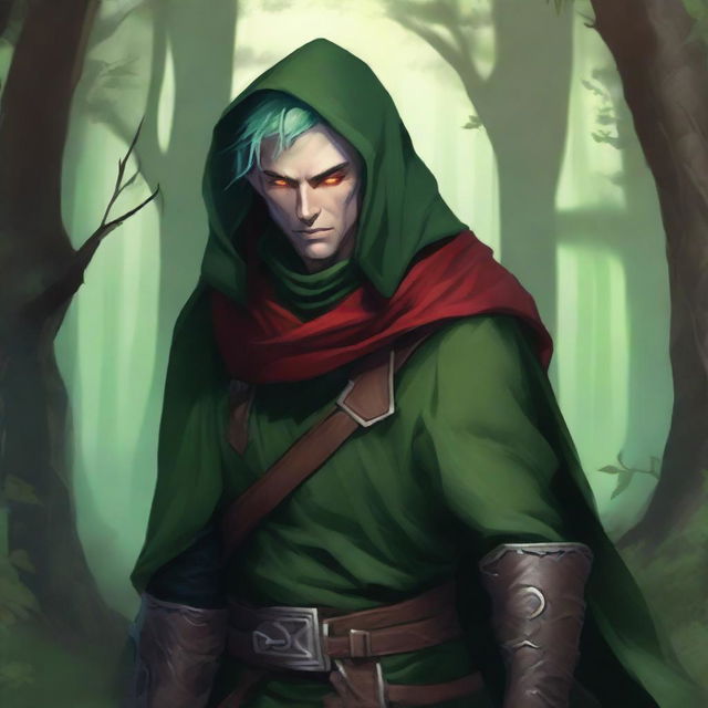 A male wood elf rogue with green hair and green skin, and striking red eyes