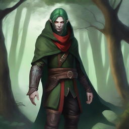 A male wood elf rogue with green hair and green skin, and striking red eyes