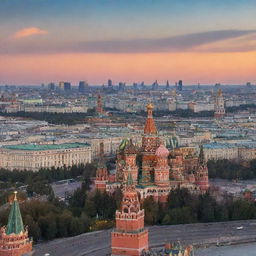 Panoramic view of Moscow featuring iconic landmarks such as the Kremlin, Saint Basil's Cathedral, and skyscrapers of Moscow City under a sunset sky