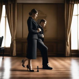 A powerful woman, dressed in an elegant and commanding outfit, stands confidently over a kneeling man in a business suit