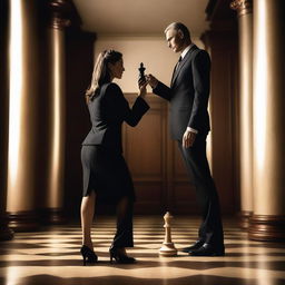 A powerful woman, dressed in an elegant and commanding outfit, stands confidently over a kneeling man in a business suit