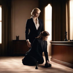 A powerful woman, dressed in an elegant and commanding outfit, stands confidently over a kneeling man in a business suit