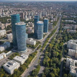 A vibrant cityscape of Donetsk, Ukraine. Highlight the unique blend of architectural styles, lush parks and bustling streets filled with activity.