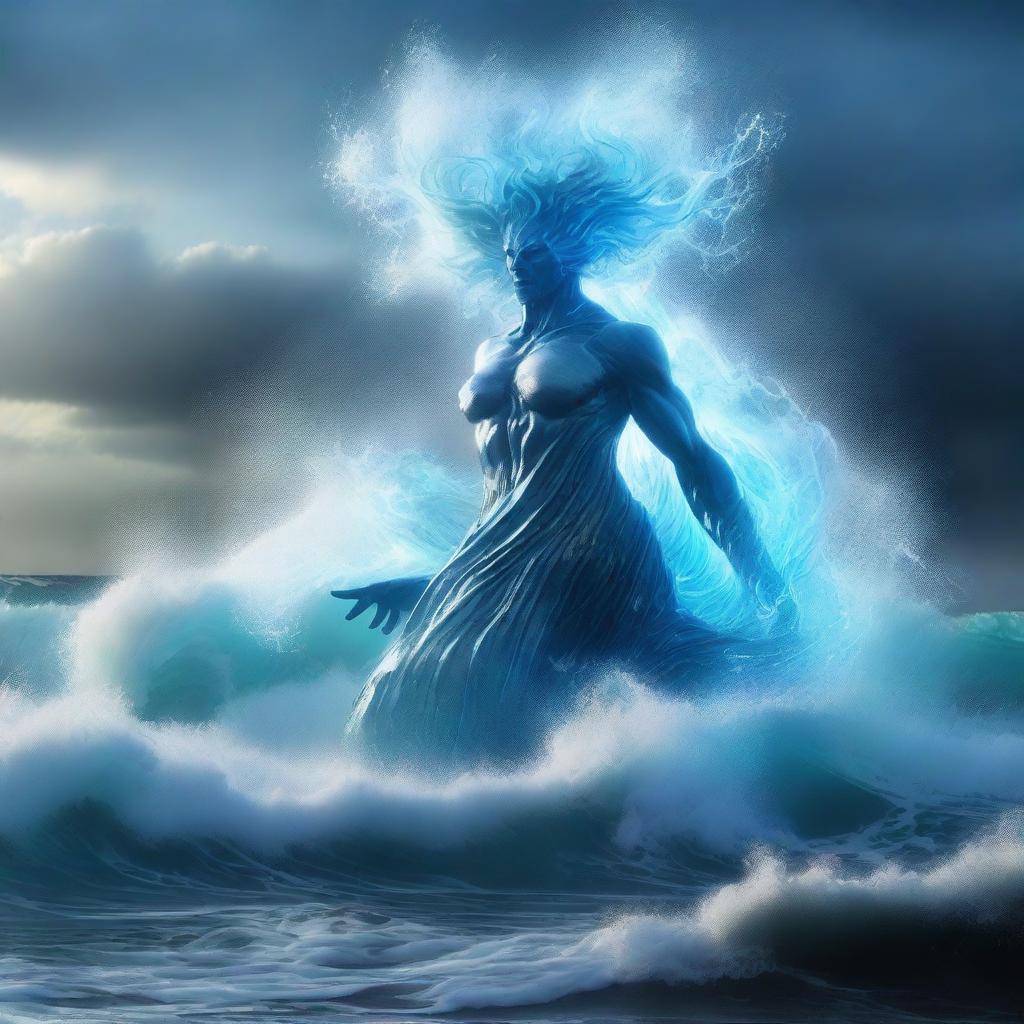 A majestic water elemental rising from the ocean, with waves crashing around it