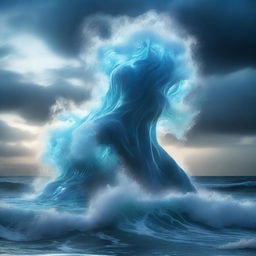 A majestic water elemental rising from the ocean, with waves crashing around it