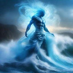 A majestic water elemental rising from the ocean, with waves crashing around it