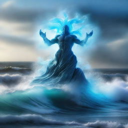 A majestic water elemental rising from the ocean, with waves crashing around it