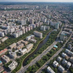 A vibrant cityscape of Donetsk, Ukraine. Highlight the unique blend of architectural styles, lush parks and bustling streets filled with activity.