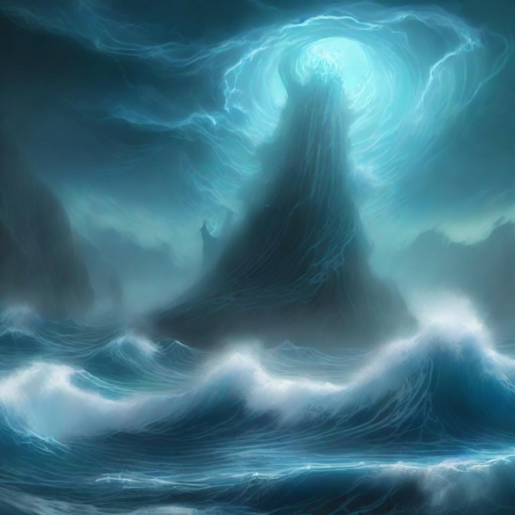 A powerful primordial of water from Dungeons and Dragons emerging from the depths of the ocean