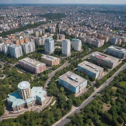 A vibrant cityscape of Donetsk, Ukraine. Highlight the unique blend of architectural styles, lush parks and bustling streets filled with activity.