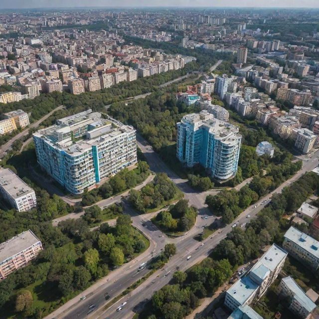 A vibrant cityscape of Donetsk, Ukraine. Highlight the unique blend of architectural styles, lush parks and bustling streets filled with activity.