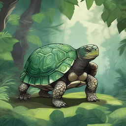 A detailed illustration of a Tortle, a humanoid turtle creature with a large, protective shell, standing in a lush, tropical jungle