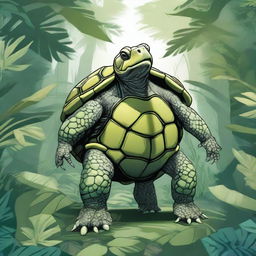 A detailed illustration of a Tortle, a humanoid turtle creature with a large, protective shell, standing in a lush, tropical jungle