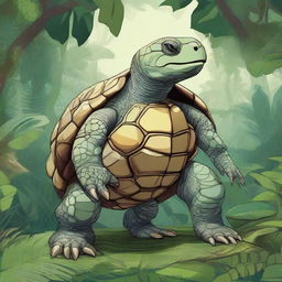 A detailed illustration of a Tortle, a humanoid turtle creature with a large, protective shell, standing in a lush, tropical jungle