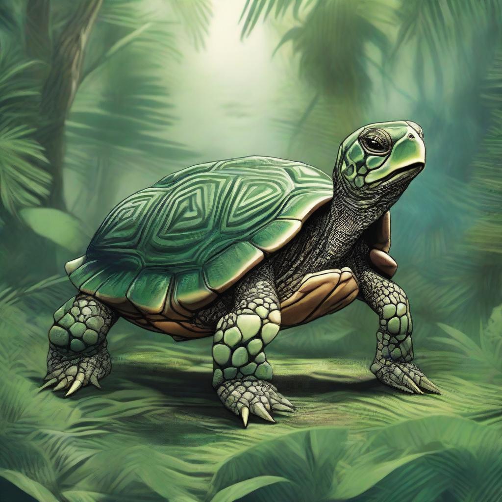 A detailed illustration of a Tortle, a humanoid turtle creature with a large, protective shell, standing in a lush, tropical jungle