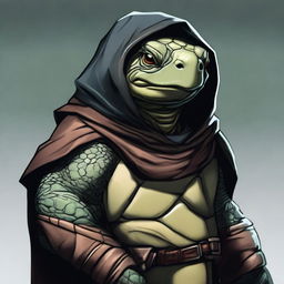 A detailed portrait of a Tortle Rogue, a humanoid turtle with a large, protective shell