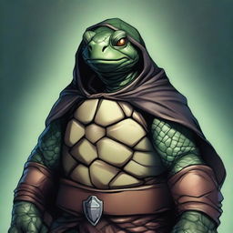 A detailed portrait of a Tortle Rogue, a humanoid turtle with a large, protective shell