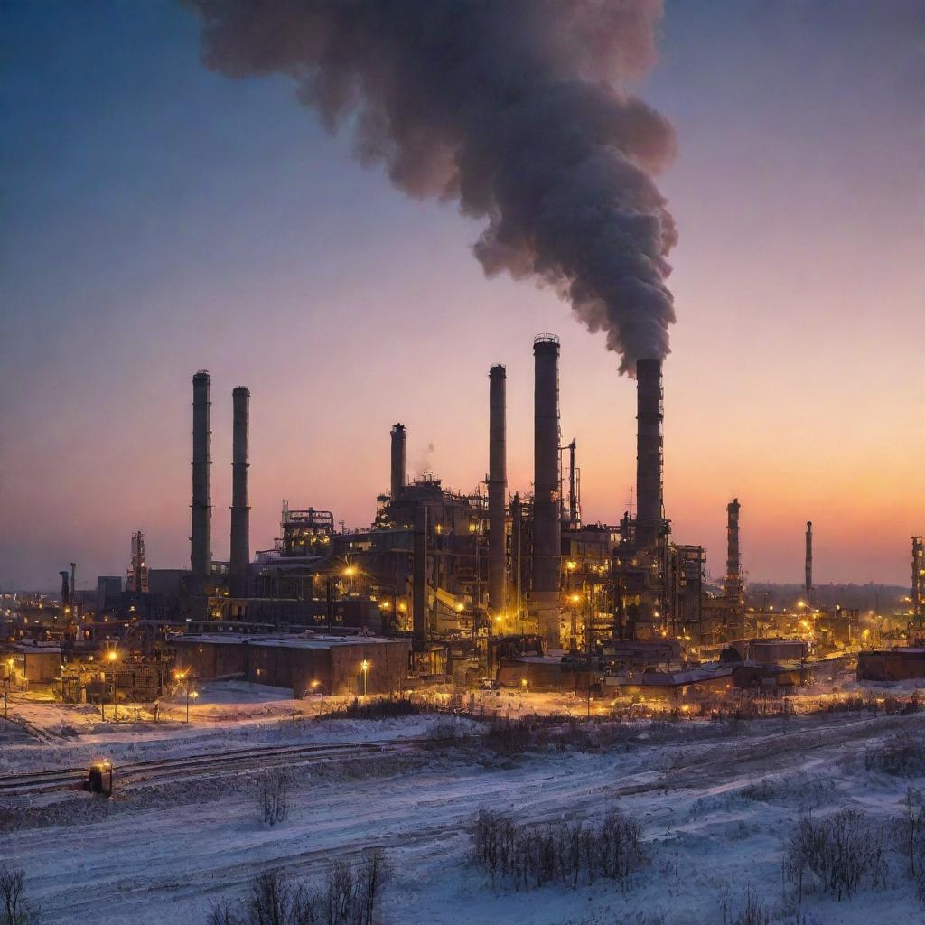 Detailed image of Avdeevka Coke Plant in the industrial zone, with its massive structures, machinery and smoke emanating from its chimneys against a dusk sky