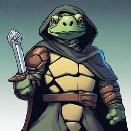 A detailed portrait of a Tortle Rogue, a humanoid turtle with a large, protective shell