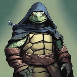 A detailed portrait of a Tortle Rogue, a humanoid turtle with a large, protective shell