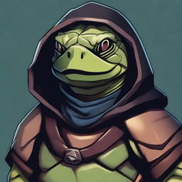 A close-up portrait of a Tortle Rogue, a humanoid turtle with a large, protective shell