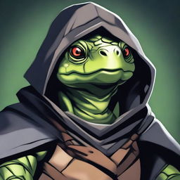 A close-up portrait of a Tortle Rogue, a humanoid turtle with a large, protective shell