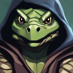 A close-up portrait of a Tortle Rogue, a humanoid turtle with a large, protective shell