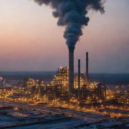 Detailed image of Avdeevka Coke Plant in the industrial zone, with its massive structures, machinery and smoke emanating from its chimneys against a dusk sky