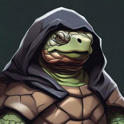 A detailed close-up portrait of a Tortoise Rogue, a humanoid tortoise with a large, protective shell