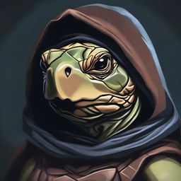 A detailed close-up portrait of a Tortoise Rogue, a humanoid tortoise with a large, protective shell