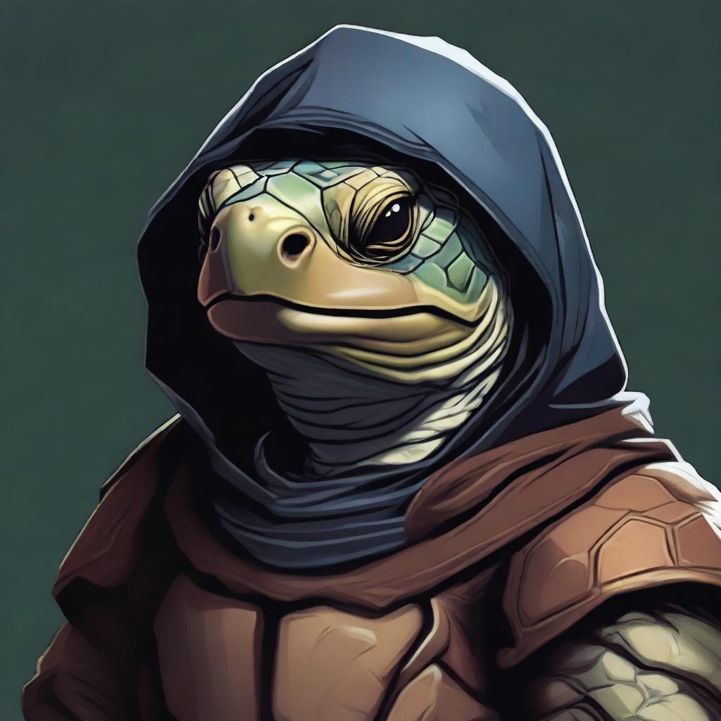 A detailed close-up portrait of a Tortoise Rogue, a humanoid tortoise with a large, protective shell