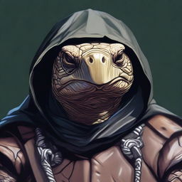 A detailed close-up portrait of a Tortoise Rogue, a humanoid tortoise with a large, protective shell