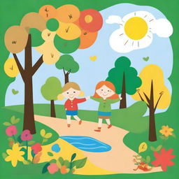 Create an image in the style of children's drawings depicting the four seasons: spring, summer, autumn, and winter