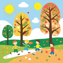 Create an image in the style of children's drawings depicting the four seasons: spring, summer, autumn, and winter