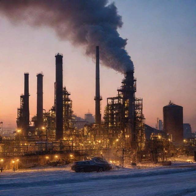 Detailed image of Avdeevka Coke Plant in the industrial zone, with its massive structures, machinery and smoke emanating from its chimneys against a dusk sky