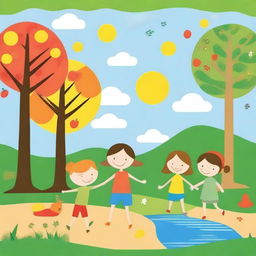 Create an image in the style of children's drawings depicting the four seasons: spring, summer, autumn, and winter