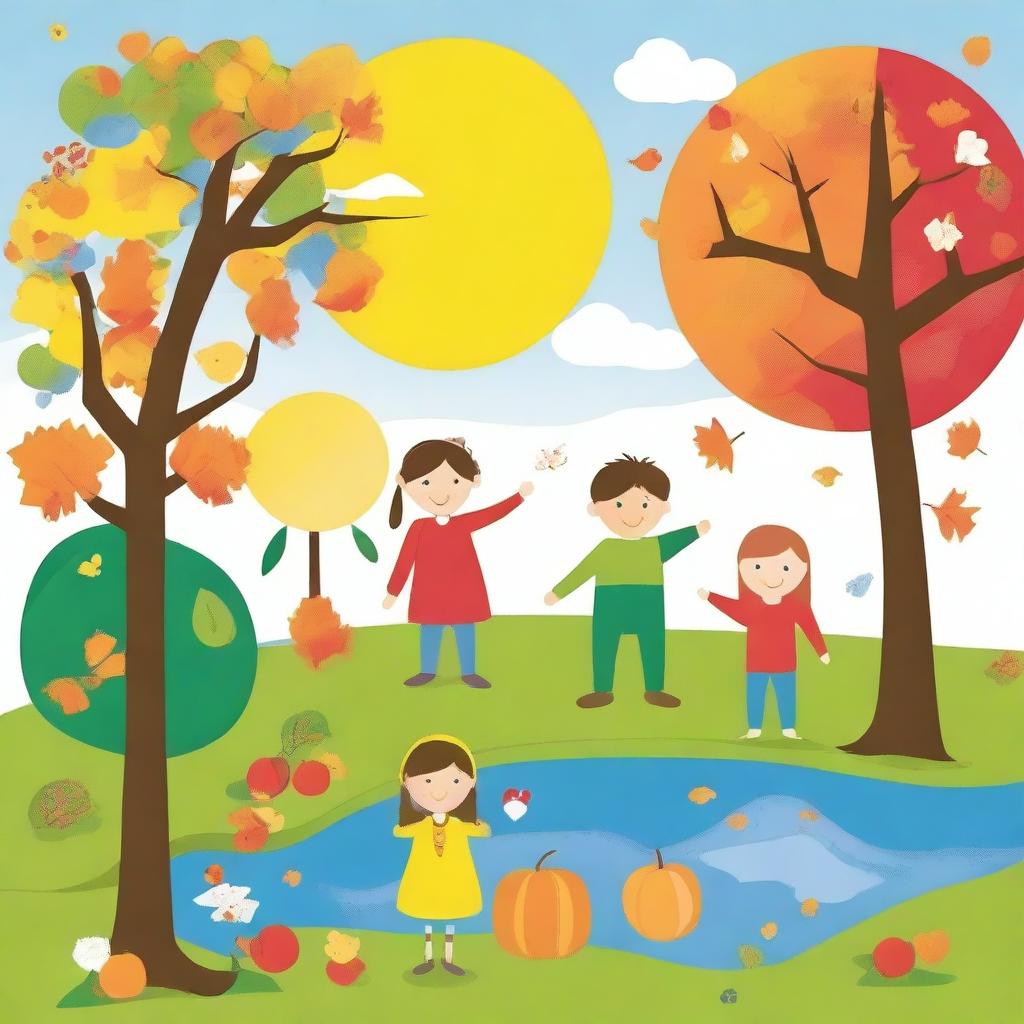 Create an image in the style of children's drawings depicting the four seasons: spring, summer, autumn, and winter