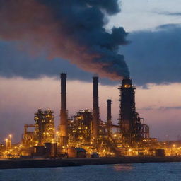 Detailed image of Avdeevka Coke Plant in the industrial zone, with its massive structures, machinery and smoke emanating from its chimneys against a dusk sky