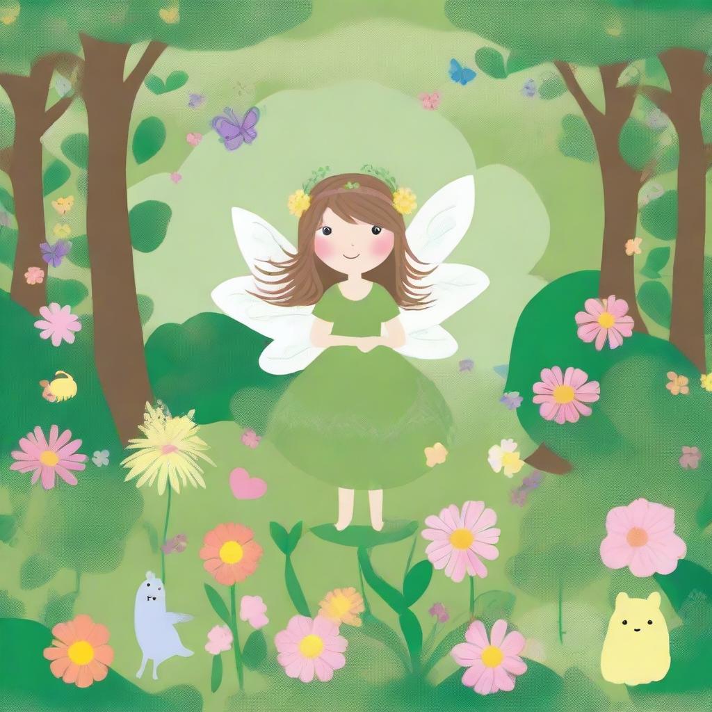 Create an image in the style of children's drawings depicting Alison in a magical spring forest