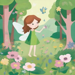 Create an image in the style of children's drawings depicting Alison in a magical spring forest